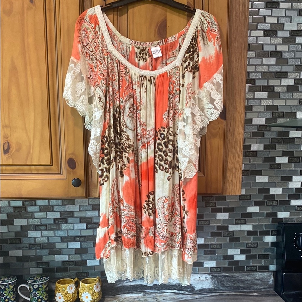 Bila boho lace trim animal print paisley tie-dye crinkle shirt top size 2X - Picture 2 of 3